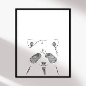 PRINTABLE Raccoon Line Art Black and White Minimalistic Print, Cute Home Decor For Kids Room, Wall Art Prints, Animal Line Drawing image 1