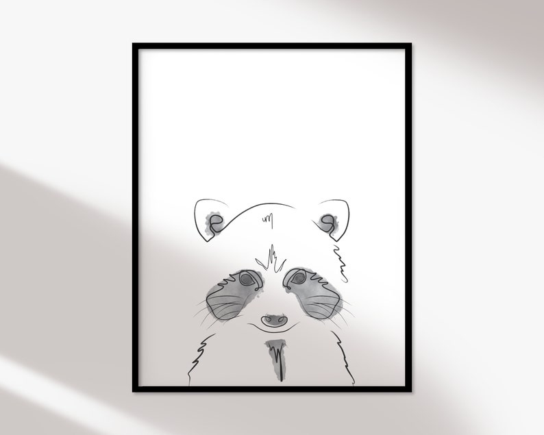 PRINTABLE Raccoon Line Art Black and White Minimalistic Print, Cute Home Decor For Kids Room, Wall Art Prints, Animal Line Drawing image 1