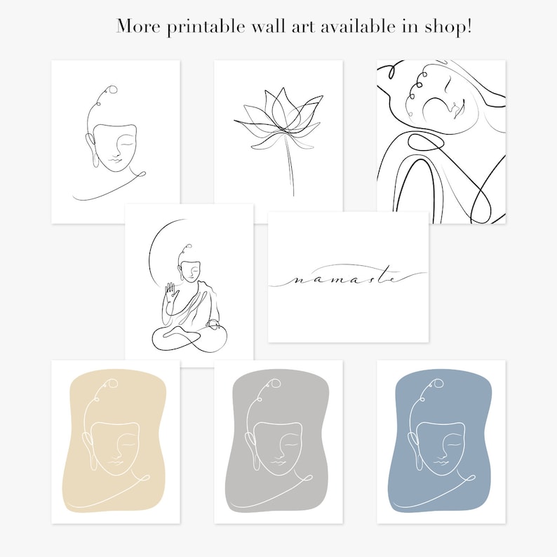 Puede incluir: Conjunto de arte de pared imprimible con dibujos minimalistas de l&iacute;nea de una flor de loto, un Buda meditando y la palabra "namaste".