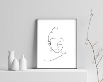 PRINTABLE Buddha Line Art Impresión minimalista, Blanco y negro, Arte mínimo para dormitorio, Arte de pared de Buda, Regalos espirituales, Impresiones espirituales