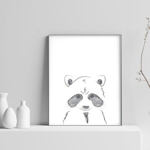 PRINTABLE Raccoon Line Art Black and White Minimalistic Print, Cute Home Decor For Kids Room, Wall Art Prints, Animal Line Drawing image 2