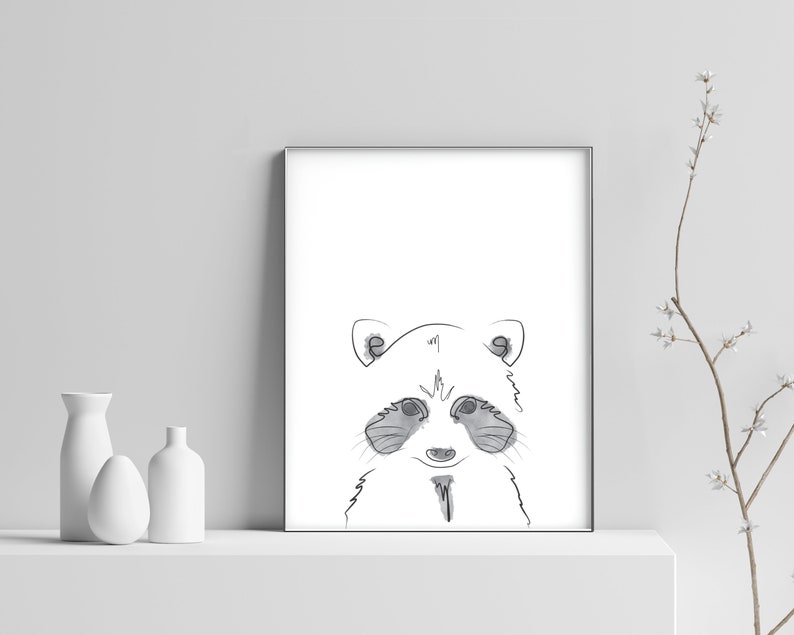 PRINTABLE Raccoon Line Art Black and White Minimalistic Print, Cute Home Decor For Kids Room, Wall Art Prints, Animal Line Drawing image 2