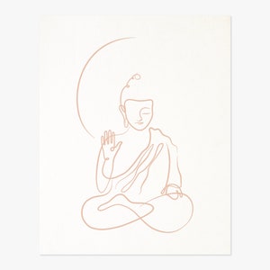 Puede incluir: Un dibujo de l&iacute;nea de un Buda sentado en una postura meditativa, con un halo detr&aacute;s de la cabeza. El dibujo es de color rosa claro sobre un fondo blanco.