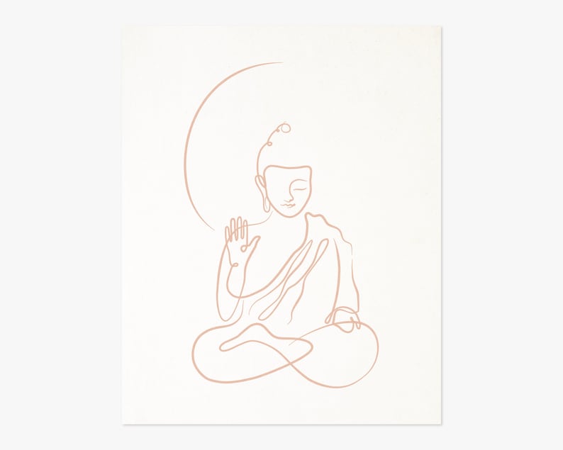 Puede incluir: Un dibujo de l&iacute;nea de un Buda sentado en una postura meditativa, con un halo detr&aacute;s de la cabeza. El dibujo es de color rosa claro sobre un fondo blanco.