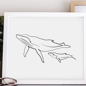 PRINTABLE Minimalistic Humpback Whale Art, Whale Print, Nautical Wall Art Bathroom, Mothers Day Gift from Daughter, Mother and Child Art for