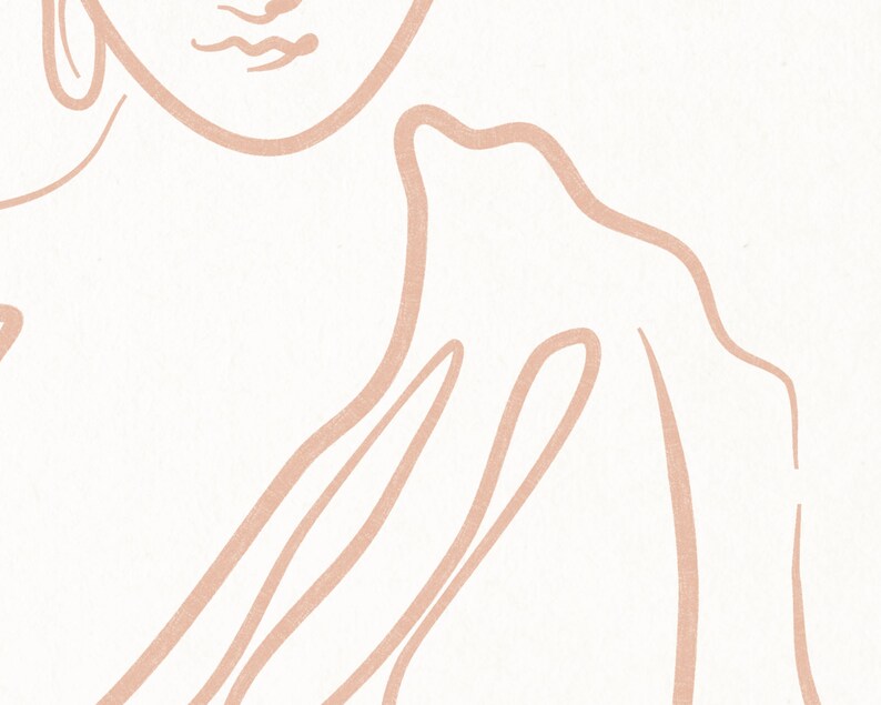 Puede incluir: Un dibujo de l&iacute;nea de la cara y el hombro de una persona, con un pendiente grande en un lado. El dibujo es de color rosa claro sobre un fondo blanco.