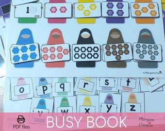 Muslim Girl Busy Book, Alphabet, Phonics, Colours, Shapes, Numbers, Muslim kids, Quiet Book – Instant Download