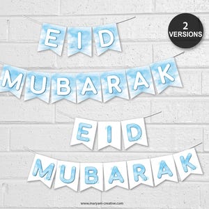 Ramadan Mubarak banners, Eid, Muslim, Islam, bunting, Islam decor, blue watercolour - Digital Download