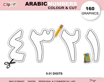 160 arabische Zahlen Color and Cut Clipart, Ausschneiden, Färben, Einfügen, PNG Grafiken, ارقام عربية - Instant Download
