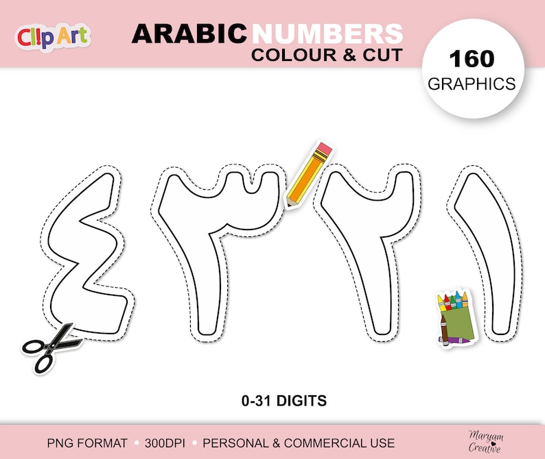 Arabic Numbers Clipart, Colour and Cut, Tracing (PNG, Instant Download ...