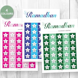 Ramadhan calendar countdown 4 colours, Eid, calendar, Muslim kids, 5pillars of Islam - Instant Download
