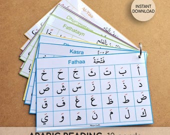 May include: A set of thirteen educational flashcards for learning the Arabic alphabet, bound together by a silver metal ring. Each white card features a grid of black Arabic letters with red diacritics, blue headers, and English transliterations.