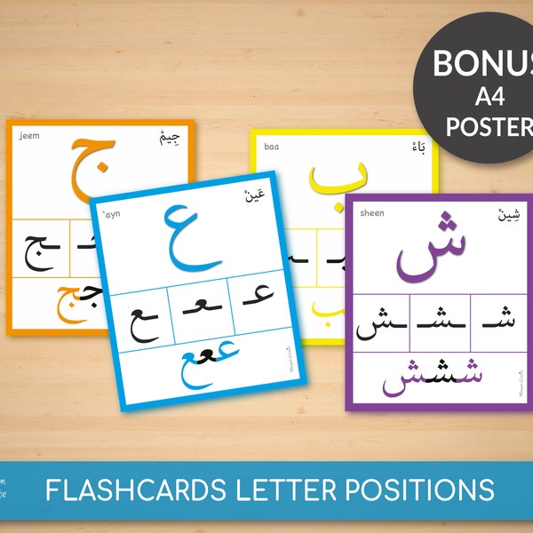 30 positions de lettres de cartes mémoire en arabe, affiches A4, lettres de l'alphabet, Coran, Islam, école à la maison, salle de classe, - Téléchargement immédiat