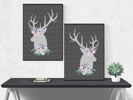 Antler Art Print Floral Antlers Decoration Floral Deer Decor Etsy