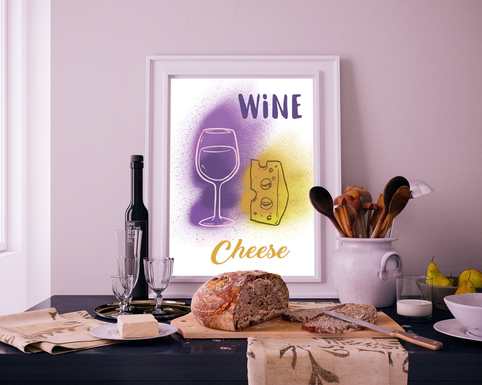 Wine and cheese art. Kitchen print. Food printable Kitchen Etsy
