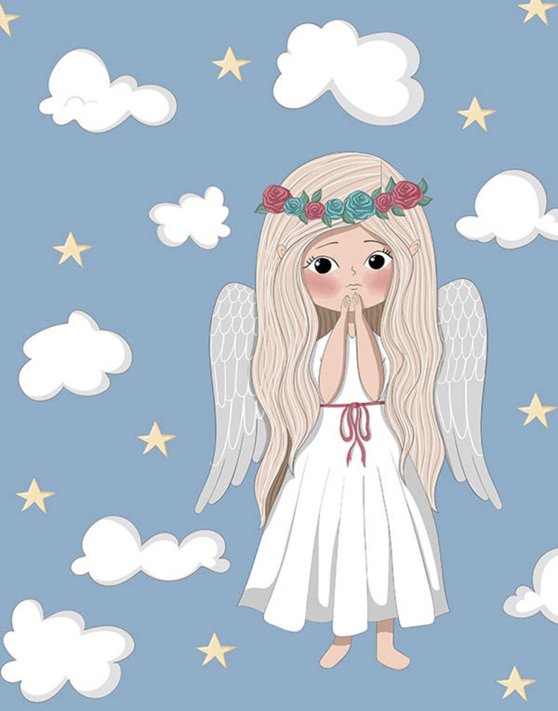 Angel Wall Art Decor Print Card Baby Girl Nursery Printable Decoration Clouds