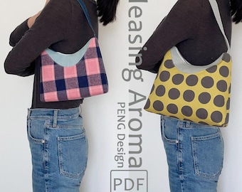 May include: Two women are modelling a shoulder bag with a silver strap. The bag on the left is pink and black plaid. The bag on the right is yellow with black polka dots. The text on the image reads "Pleasing Aroma PENG Design PDF Pattern".