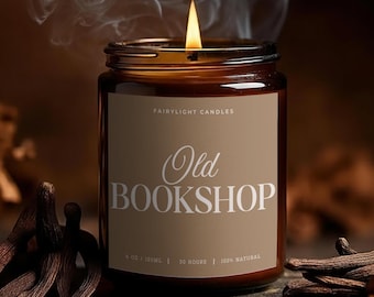 Old Bookshop scented candle with library fragrance, handmade soy candle in a glass jar for book lovers, gift for book lovers and reading corner decoration