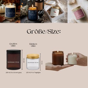 Puede incluir: Velas perfumadas en frascos de vidrio con etiquetas, algunas en cajas de regalo. La imagen incluye una comparaci&oacute;n de tama&ntilde;os, mostrando un frasco grande de vidrio marr&oacute;n con un di&aacute;metro de 66 mm y una altura de 80 mm.