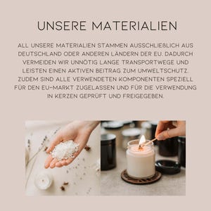 Puede incluir: La imagen presenta texto en alem&aacute;n, "UNSERE MATERIALIEN", y una descripci&oacute;n de los materiales utilizados. Muestra una mano sosteniendo cristales blancos, una vela encendida en un tarro de vidrio y otras velas.