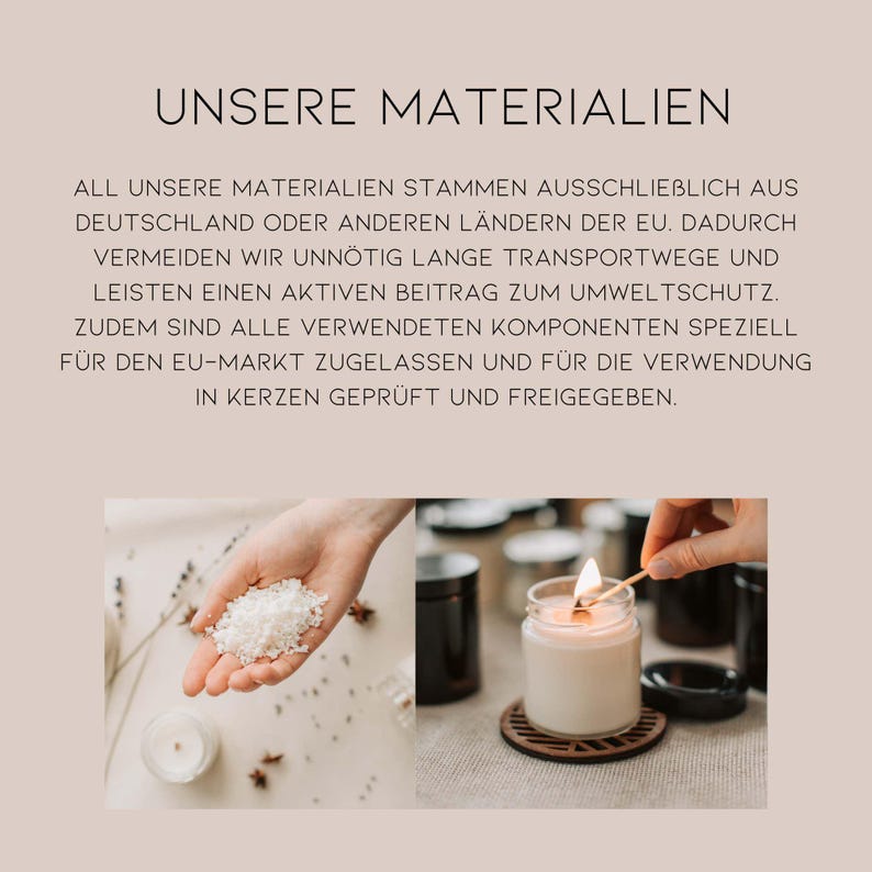 Puede incluir: La imagen presenta texto en alem&aacute;n, "UNSERE MATERIALIEN", y una descripci&oacute;n de los materiales utilizados. Muestra una mano sosteniendo cristales blancos, una vela encendida en un tarro de vidrio y otras velas.