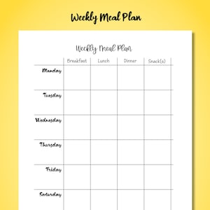 Printable Weekly meal Plan schedule - Breakfast, lunch, dinner and snacks, seven days a week