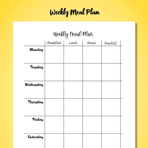 Printable Weekly meal Plan schedule - Breakfast, lunch, dinner and snacks, seven days a week