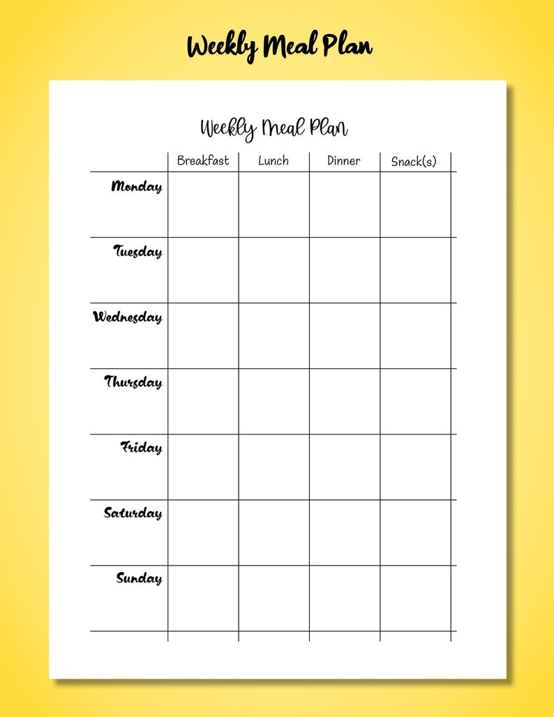 Printable Weekly Meal Plan Schedule Breakfast Lunch Dinner And Snacks 