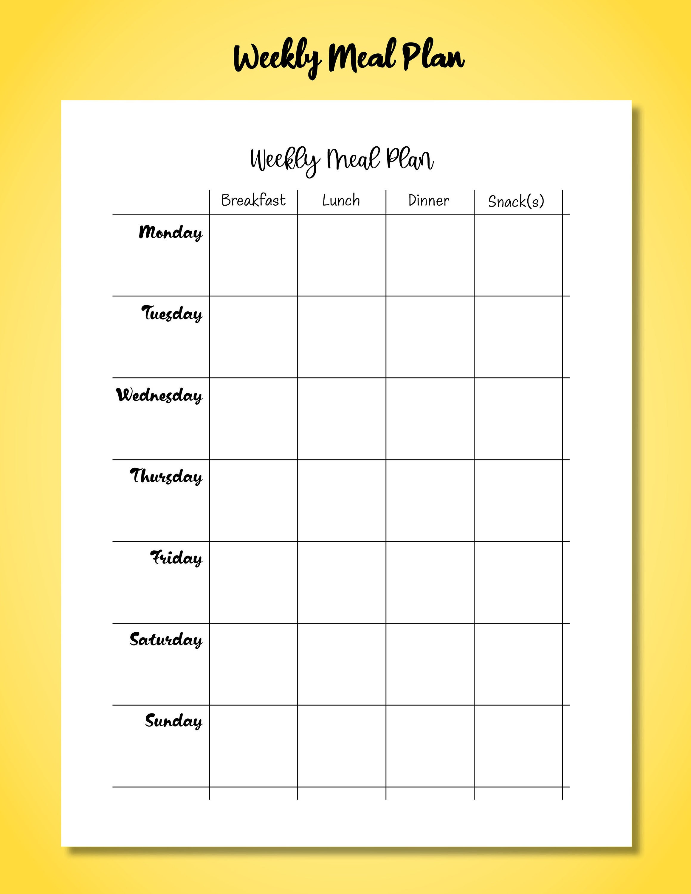 Printable Weekly Meal Plan Schedule Breakfast Lunch Dinner And Snacks 