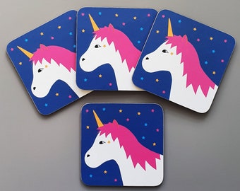 Unicorn - Set of Four Coasters - magical, horse, mythical, rainbow colours, mug, coaster, tea, house warming gift