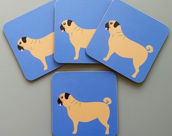 Pug - Set of Four Coasters - dog lover, house warming, home, tableware, quirky gift, fun gift, mug, gift for her, gift for him