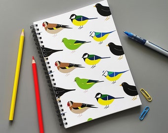 Garden Birds A5 Wirebound Notebook - Blue Tit, Great Tit, Goldfinch, Greenfinch, Blackbird, gardening, wildlife, nature, stationery