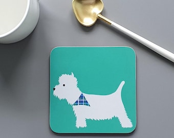 Westie Coaster - West Highland Terrier, Scotland, Scottish, tartan, homeware, tableware, kitchen, dining, housewarming, dog