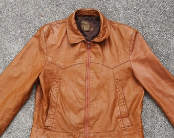 Jaqueta de couro marrom feminina vintage 70's Rice Sportswear Hipster / Fabricada no Canadá / Pequena