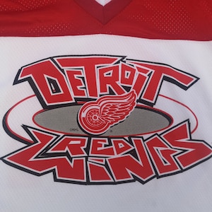 May include: A white hockey jersey with a red, black, and silver Detroit Red Wings logo. The logo features the team's winged wheel and the words "Detroit Red Wings" in a stylized font.