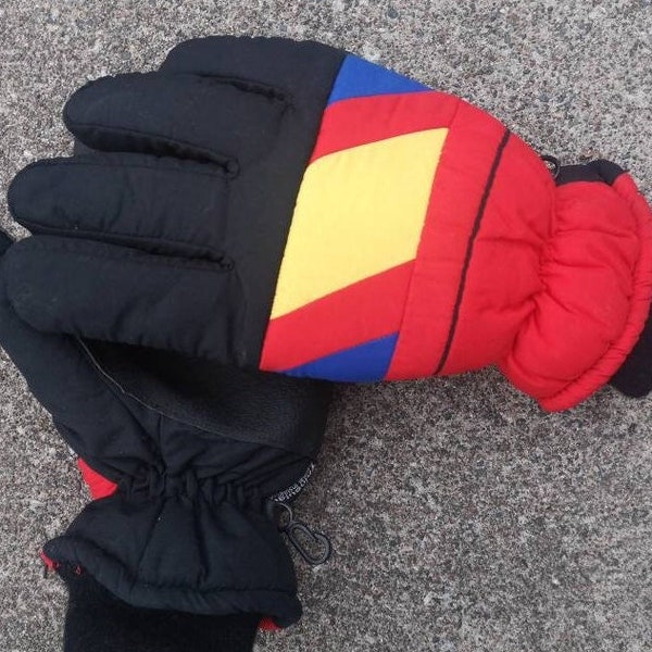 Vintage & Rad 90's Nylon Thinsulate "Thermal Insulation" Color Block / Neon/Fluorescent Ski Gloves - Winter Gloves - Medium/Large
