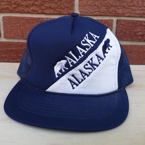Vintage 80&#39;s Alaska + Polar Bear + blue + white striped snapback mesh cheesegrater farmer&#39;s cap baseball hat / Made in Taiwan