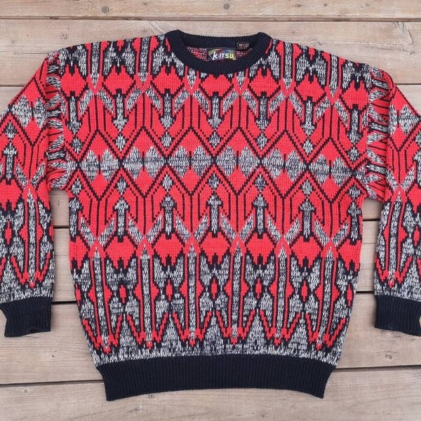 Vintage & Rad 80's / 90's Red/Black/Grey Abstract Geometric Fuzzy / 100% Acrylic / crewneck sweater / XL