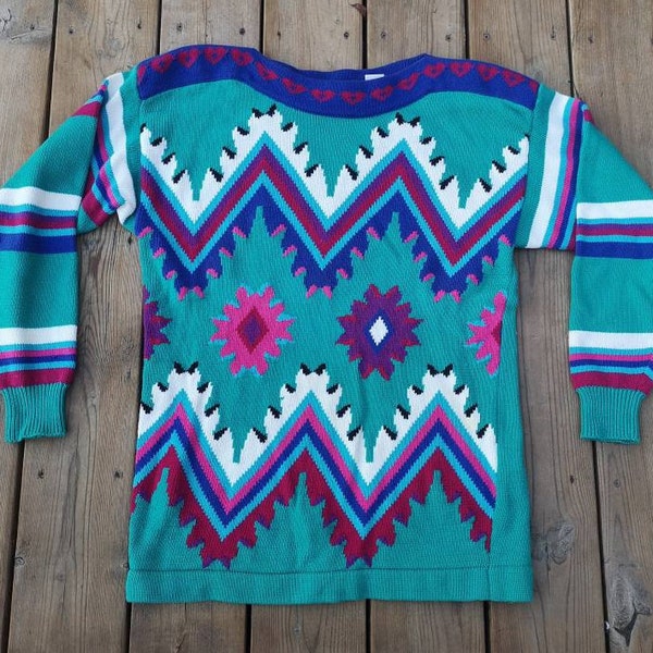 Vintage 80's / 90's "The Signature Collection" Acrylic Knit Sweater Abstract Geometric Floral Tribal Neon Pink Teal Purple Pastel Small