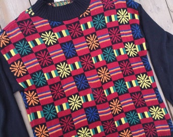 Vintage 90's ESPRIT abstract geometric colorblock acrylic knit crew-neck sweater medium