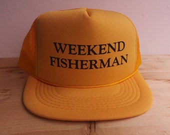 Vintage 80's DEADSTOCK "Weekend Fisherman" Classic Cheese-grater yellow + black trucker snapback mesh hat cap