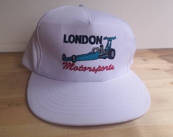 Vintage 80's "London Motorsports" Drag racing + Car racing snapback / white trucker cap hat
