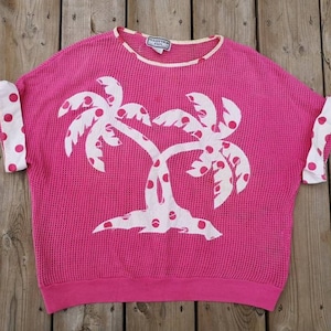 Vintage & Cool 80&#39;s &quot;Collection Plus by J.J&quot; Hot Pink + palm trees + polka dots / Summer / Thick Mesh-type sweater shirt / Size 38 (Medium)