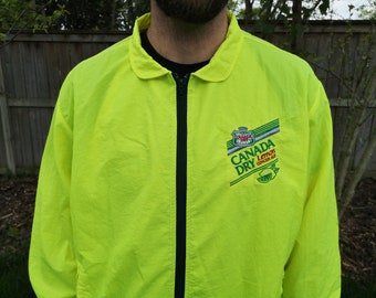 Vintage 80's / 90's "Canada Dry Lemon Ginger Ale" Neon Yellow/Green Fluorescent Windbreaker Full Zip Up Jacket Made in USA / Large