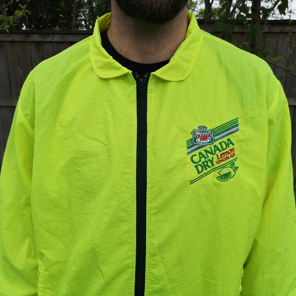 Vintage 80's / 90's "Canada Dry Lemon Ginger Ale" Neon Yellow/Green Fluorescent Windbreaker Full Zip Up Jacket Made in USA / Large