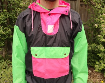 Amazing Vintage 80's Colourful Colour Block Neon/Fluorescent / Pink + Green 1/4 Zip Up Pullover with Hoodie Jacket Large