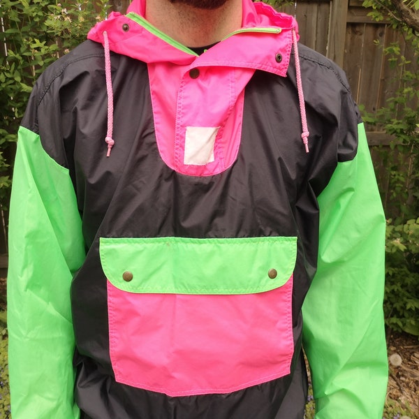 Amazing Vintage 80's Colourful Colour Block Neon/Fluorescent / Pink + Green 1/4 Zip Up Pullover with Hoodie Jacket Large