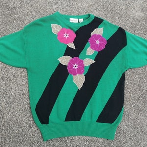 Vintage 80s Floral Color Block Knit Sweater - Size 40