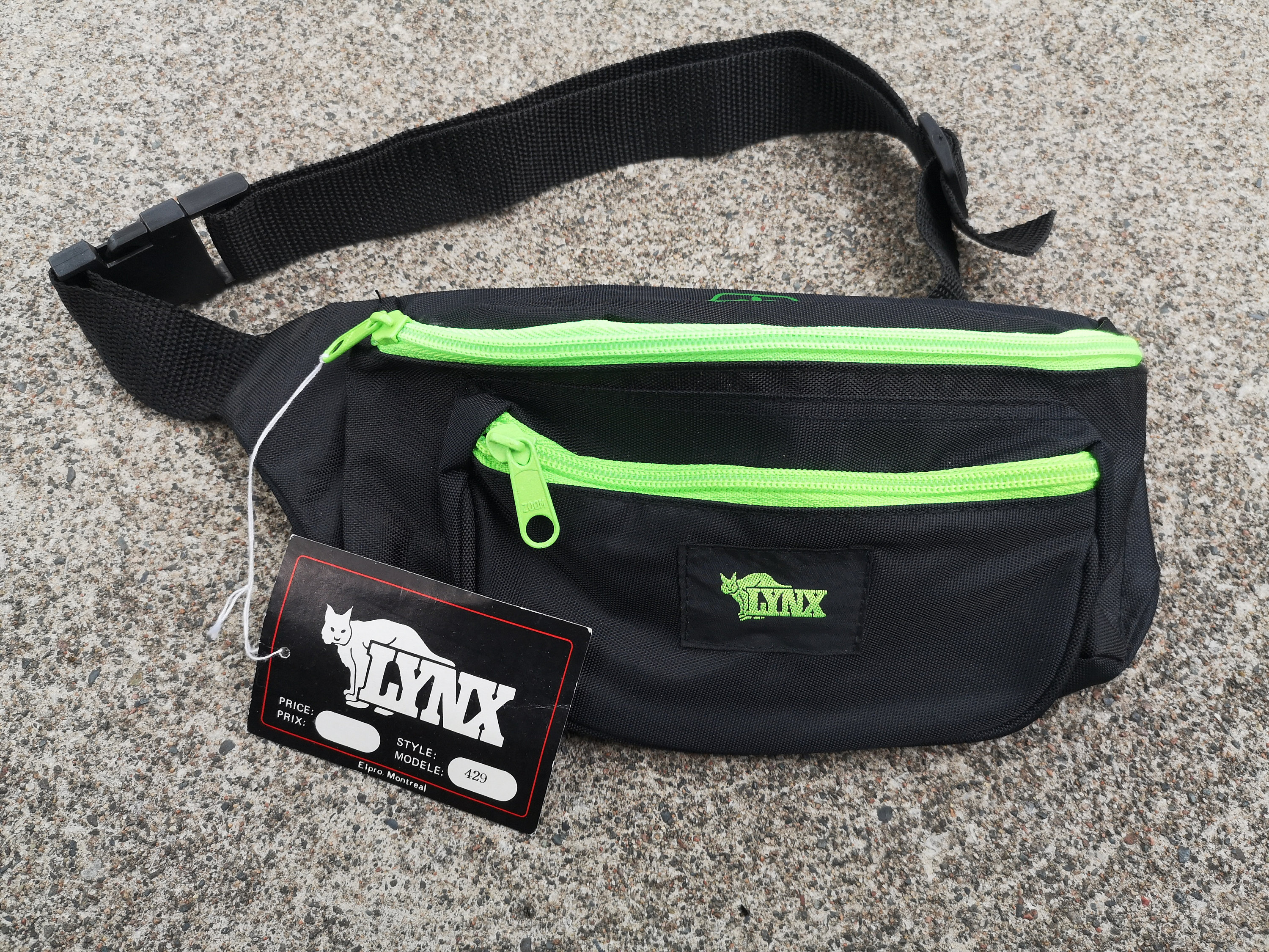 Vintage DEADSTOCK 90 s LYNX Neon Green Yellow Black Fanny Pack Waist Bag Body Bag Hip Sack
