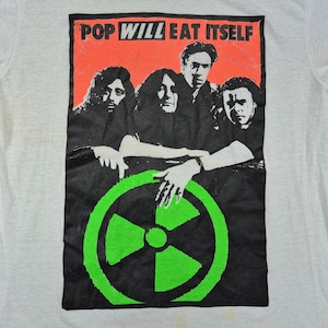 Vintage 80&#39;s PWEI / Pop Will Eat Itself / faded white t-shirt / single stitched + butter thin / Screen Stars Best / L